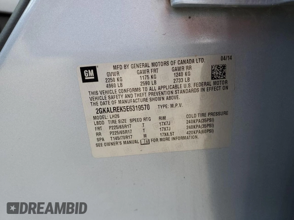 2014 GMC Terrain SLE z VIN 2GKALREK5E6319570, wystawiony jako Copart lot #58217445 z przebiegiem Nie podano mil oraz Szkoda całkowita • Salvage title. Historia ofert i sprzedaży dostępna na DreamBid. Obrazek 14.