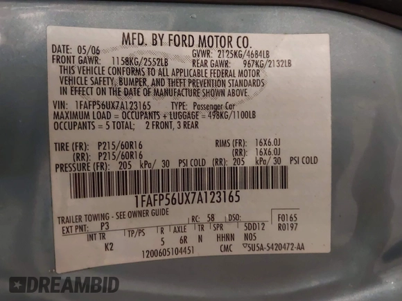 2007 Ford Taurus SEL with VIN 1FAFP56UX7A123165, listed as a IAAI auction lot 42404823 with 93,844 mi miles and . Bid and sale history available at DreamBid. Image 9.