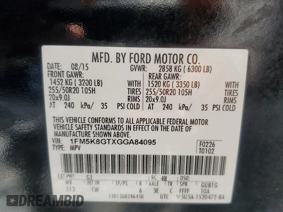 2016 Ford Explorer Sport with VIN 1FM5K8GTXGGA84095, listed as a Copart auction lot 60520295 with 154,061 mi miles and Salvage title. Bid and sale history available at DreamBid. Image 14.