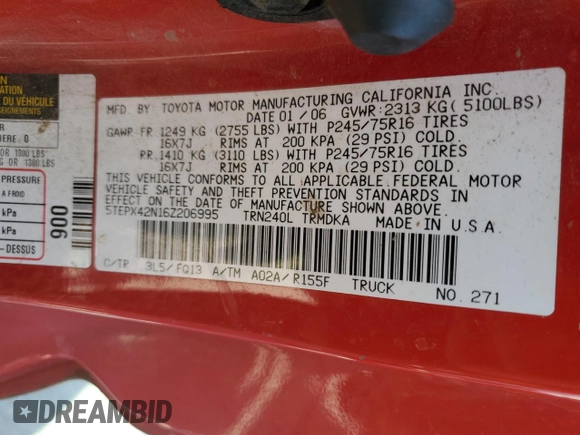 2006 Toyota Tacoma with VIN 5TEPX42N16Z206995, listed as a Copart auction lot 46529675 with 352,138 mi miles and Non Repairable. Bid and sale history available at carsss.com. Image 12.