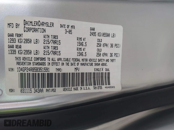 2005 Dodge Caravan SE with VIN 1D4GP24R85B351591, listed as a IAAI auction lot 41949337 with 130,821 mi miles and . Bid and sale history available at DreamBid. Image 9.