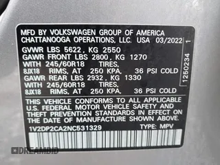 2022 Volkswagen Atlas SE with VIN 1V2DP2CA2NC531329, listed as a IAAI auction lot 42351869 with 38,315 mi miles and . Bid and sale history available at DreamBid. Image 9.
