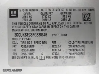 2015 Chevrolet Silverado 1500 LTZ with VIN 3GCUKSEC3FG338376, listed as a IAAI auction lot 42007176 with 145,472 mi miles. Bid and sale history available at carsss.com. Image 9.