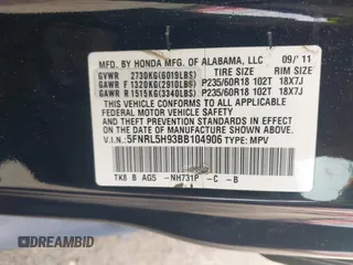 2011 Honda Odyssey Touring с VIN 5FNRL5H93BB104906, выставлен на аукционе IAAI как лот 42371279 с пробегом 183 856 миль миль и . История ставок и продаж доступна на DreamBid. Изображение 9.
