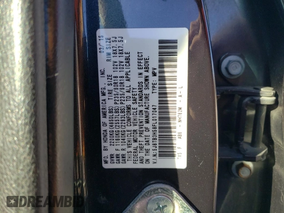 2015 Acura RDX Tech Pkg with VIN 5J8TB3H58FL017047, listed as a Copart auction lot 88964105 with 152,823 mi miles and Salvage Title. Bid and sale history available at carsss.com. Image 15.