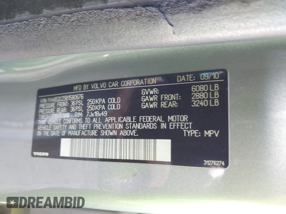 2011 Volvo XC90 I6 with VIN YV4952CZ5B1580676, listed as a IAAI auction lot 41986632 with 260,694 mi miles and . Bid and sale history available at DreamBid. Image 9.