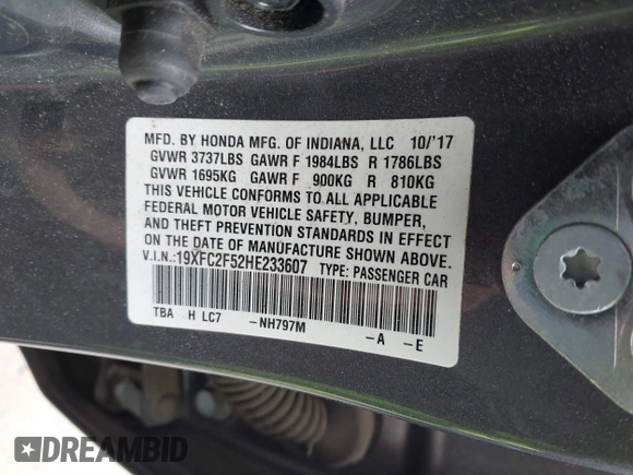 2017 Honda Civic LX with VIN 19XFC2F52HE233607, listed as a IAAI auction lot 41758632 with 159,290 mi miles and . Bid and sale history available at DreamBid. Image 9.