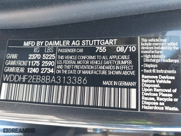 2011 Mercedes-Benz E-Class E 350 Luxury BlueTEC with VIN WDDHF2EB8BA313386, listed as a IAAI auction lot 41367647 with 124,720 mi miles. Bid and sale history available at carsss.com. Image 9.