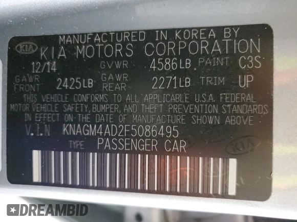 2015 Kia Optima with VIN KNAGM4AD2F5086495, listed as a Copart auction lot 81162104 with 62,770 mi miles and Salvage Title. Bid and sale history available at DreamBid. Image 12.