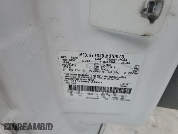 2008 Ford F-150 XLT с VIN 1FTPX14V88FA19023, выставлен на аукционе Copart как лот 58808125 с пробегом Не указан миль и Списание • Salvage title. История ставок и продаж доступна на DreamBid. Изображение 12.
