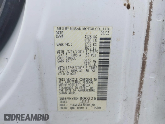 2016 Nissan NV SL with VIN 1N6BF0KY8GN800226, listed as a IAAI auction lot 42457030 with 138,995 mi miles and . Bid and sale history available at DreamBid. Image 9.