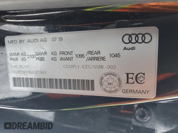 2019 Audi A3 Sedan Premium with VIN WAUBEGFF0KA121944, listed as a Copart auction lot 45492645 with 110,528 mi miles and Salvage Title. Bid and sale history available at carsss.com. Image 12.