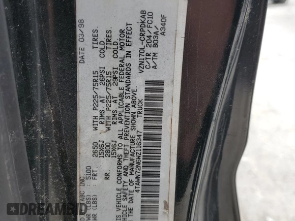 1998 Toyota Tacoma with VIN 4TAWN72N6WZ116347, listed as a Copart auction lot 75882284 with Not Provided miles and Salvage Title. Bid and sale history available at DreamBid. Image 13.