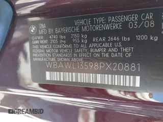 2008 BMW 3 Series 328i with VIN WBAWL13598PX20881, listed as a IAAI auction lot 41779873 with 104,540 mi miles and . Bid and sale history available at DreamBid. Image 9.