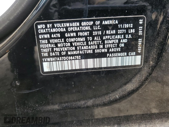 2013 Volkswagen Passat SE with VIN 1VWBH7A37DC064752, listed as a Copart auction lot 58659685 with 173,590 mi miles and Clean title. Bid and sale history available at DreamBid. Image 12.
