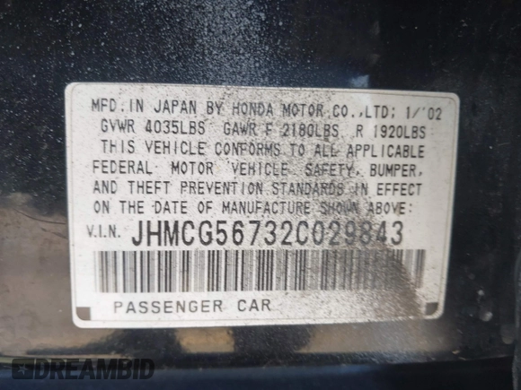 2002 Honda Accord SE with VIN JHMCG56732C029843, listed as a IAAI auction lot 42344772 with 234,242 mi miles and . Bid and sale history available at DreamBid. Image 9.