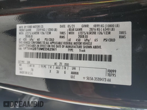 2021 Ford F-250 XL z VIN 1FT8W2BT0MED82561, wystawiony jako Copart lot #54573605 z przebiegiem 101 670 mil mil oraz Szkoda całkowita • Salvage title. Historia ofert i sprzedaży dostępna na DreamBid. Obrazek 12.
