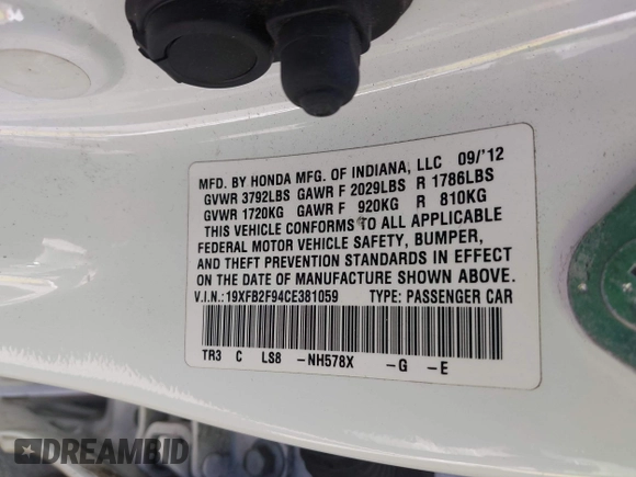 2012 Honda Civic EX-L with VIN 19XFB2F94CE381059, listed as a IAAI auction lot 42107538 with 156,056 mi miles and . Bid and sale history available at DreamBid. Image 9.