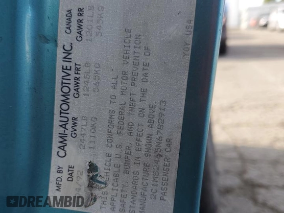 1992 Geo Metro z VIN 2C1MS2465N6782913, wystawiony jako Copart lot #77405574 z przebiegiem 77 080 mil mil oraz Szkody całkowita. Historia ofert i sprzedaży dostępna na DreamBid. Obrazek 12.