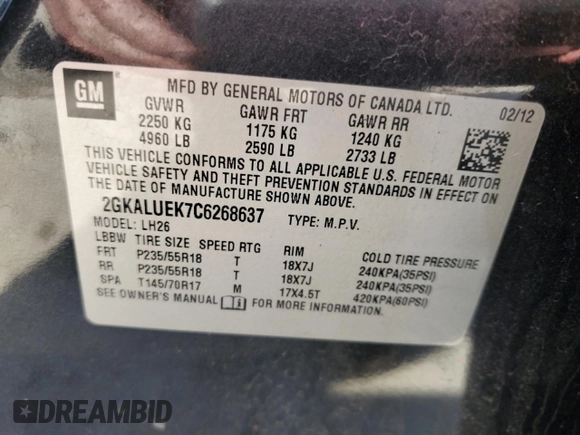 2012 GMC Terrain SLT-1 z VIN 2GKALUEK7C6268637, wystawiony jako Copart lot #48891485 z przebiegiem 192 091 mil mil oraz Nie do naprawy • Non repairable. Historia ofert i sprzedaży dostępna na DreamBid. Obrazek 13.