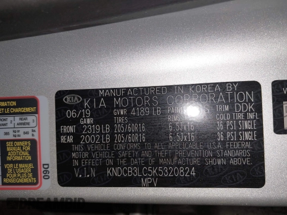 2019 Kia Niro LX with VIN KNDCB3LC5K5320824, listed as a IAAI auction lot 41996036 with 66,717 mi miles. Bid and sale history available at carsss.com. Image 9.