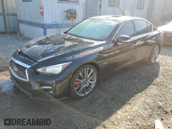 2019 Infiniti Q50 RED SPORT 400 with VIN JN1FV7AP7KM760554, listed as a Copart auction lot 83798944 with 76,401 mi miles and Salvage Title. Bid and sale history available at carsss.com. Image 1.