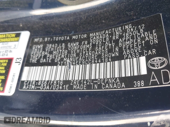 2012 Toyota Corolla L with VIN 2T1BU4EE9CC844184, listed as a IAAI auction lot 42102550 with 151,622 mi miles. Bid and sale history available at carsss.com. Image 9.