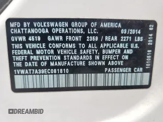 2014 Volkswagen Passat Wolfsburg Edition with VIN 1VWAT7A39EC081810, listed as a Copart auction lot 62676645 with 121,642 mi miles and Salvage title. Bid and sale history available at DreamBid. Image 12.