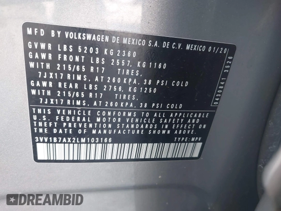 2020 Volkswagen Tiguan S с VIN 3VV1B7AX2LM103166, выставлен на аукционе IAAI как лот 42474802 с пробегом 56 580 миль миль и . История ставок и продаж доступна на DreamBid. Изображение 9.