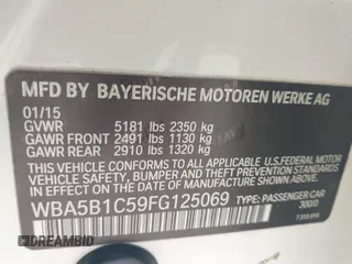 2015 BMW 5 Series 535i with VIN WBA5B1C59FG125069, listed as a IAAI auction lot 42210708 with 265,298 mi miles and . Bid and sale history available at DreamBid. Image 9.