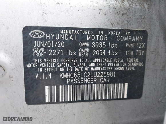 2020 Hyundai Ioniq Hybrid Blue with VIN KMHC65LC2LU225981, listed as a IAAI auction lot 40965219 with NaN miles. Bid and sale history available at carsss.com. Image 9.