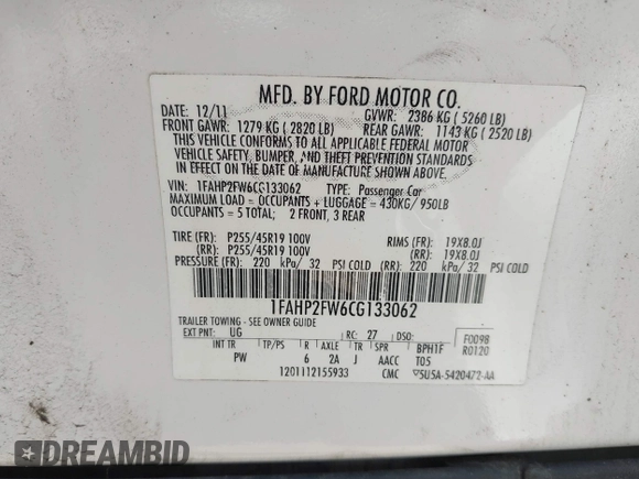 2012 Ford Taurus Limited с VIN 1FAHP2FW6CG133062, выставлен на аукционе IAAI как лот 42553267 с пробегом 221 095 миль миль и . История ставок и продаж доступна на DreamBid. Изображение 9.