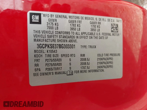 2011 Chevrolet Silverado 1500 LT with VIN 3GCPKSE37BG303301, listed as a IAAI auction lot 42097369 with 175,611 mi miles and . Bid and sale history available at DreamBid. Image 9.