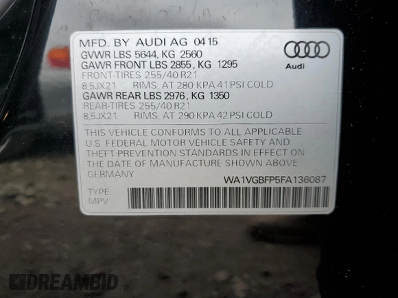 2015 Audi SQ5 with VIN WA1VGBFP5FA136087, listed as a Copart auction lot 40230494 with 115,742 mi miles and . Bid and sale history available at DreamBid. Image 13.