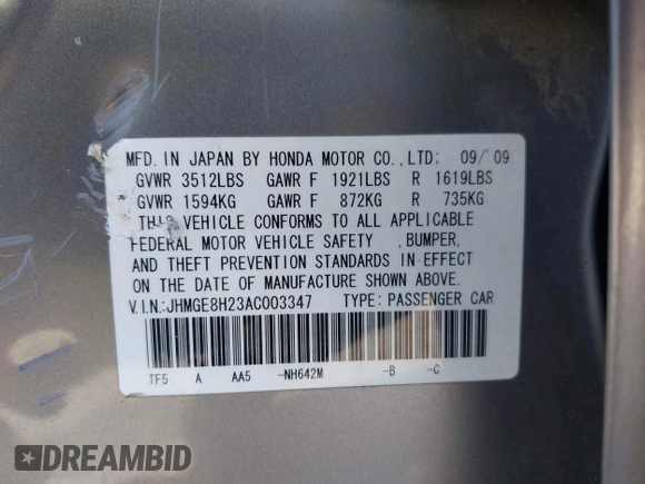 2010 Honda Fit with VIN JHMGE8H23AC003347, listed as a IAAI auction lot 41803751 with 1 mi miles. Bid and sale history available at carsss.com. Image 9.