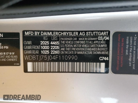 2004 Mercedes-Benz CLK 500 with VIN WDBTJ75J04F110990, listed as a Copart auction lot 85511414 with 251,096 mi miles and Salvage title. Bid and sale history available at DreamBid. Image 12.