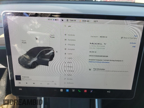 2021 Tesla Model Y Long Range with VIN 5YJYGDEE2MF065398, listed as a Copart auction lot 89352855 with 46,144 mi miles and Salvage Title. Bid and sale history available at DreamBid. Image 9.