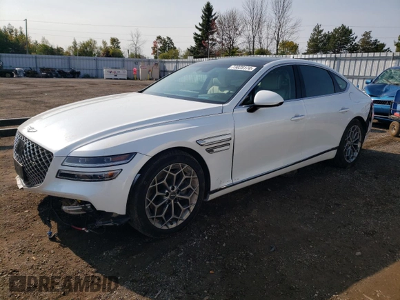 2023 Genesis G80 2.5T with VIN KMTGB4SC4PU144730, listed as a Copart auction lot 73025174 with 35,382 mi miles and Salvage Title. Bid and sale history available at carsss.com. Image 1.