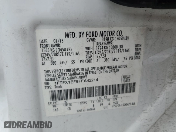 2015 Ford F-150 XLT with VIN 1FTFX1EF9FFA42214, listed as a Copart auction lot 56384325 with 121,911 mi miles and Salvage title. Bid and sale history available at DreamBid. Image 12.