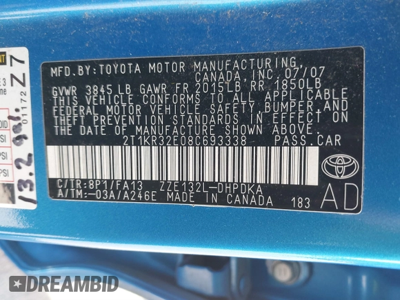 2008 Toyota Matrix STD with VIN 2T1KR32E08C693338, listed as a IAAI auction lot 41894527 with 70,564 mi miles and . Bid and sale history available at DreamBid. Image 9.