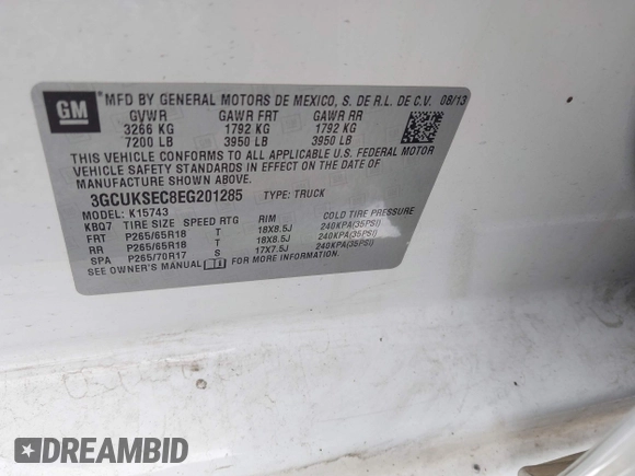 2014 Chevrolet Silverado 1500 LTZ with VIN 3GCUKSEC8EG201285, listed as a IAAI auction lot 41995932 with 128,071 mi miles. Bid and sale history available at carsss.com. Image 9.