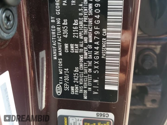 2015 Kia Optima EX with VIN 5XXGN4A79FG409057, listed as a Copart auction lot 62094465 with 123,346 mi miles and Salvage title. Bid and sale history available at DreamBid. Image 12.