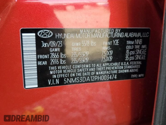2023 Hyundai Santa Fe Hybrid SEL Premium with VIN 5NMS3DA12PH003474, listed as a Copart auction lot 69751374 with 18,316 mi miles and Salvage Title. Bid and sale history available at carsss.com. Image 13.
