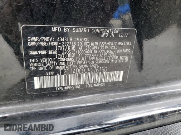 2018 Subaru Crosstrek Premium z VIN JF2GTADC0J8276196, wystawiony jako Copart lot #56864635 z przebiegiem 54 540 mil mil oraz Szkoda całkowita • Salvage title. Historia ofert i sprzedaży dostępna na DreamBid. Obrazek 13.