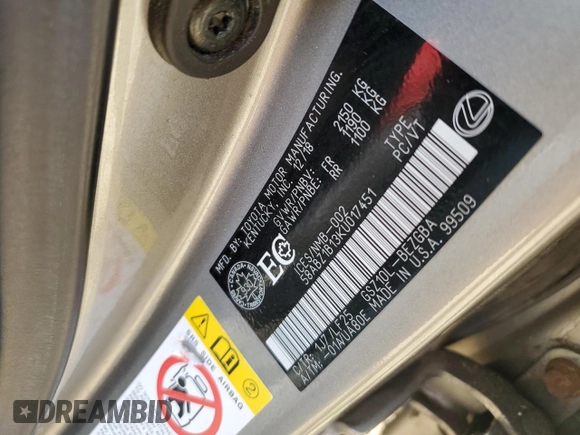 2019 Lexus ES 350 with VIN 58ABZ1B13KU017451, listed as a Copart auction lot 63598545 with 108,667 mi miles and Clean title. Bid and sale history available at DreamBid. Image 12.