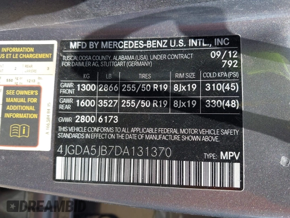 2013 Mercedes-Benz M 350 with VIN 4JGDA5JB7DA131370, listed as a IAAI auction lot 42210940 with 141,164 mi miles and . Bid and sale history available at DreamBid. Image 9.
