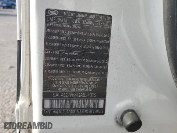 2016 Land Rover LR4 HSE with VIN SALAG2V64GA824329, listed as a Copart auction lot 53760635 with Not Provided miles and Clean Title. Bid and sale history available at DreamBid. Image 13.