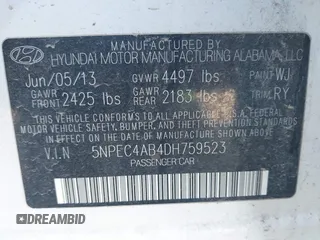 2013 Hyundai Sonata Limited with VIN 5NPEC4AB4DH759523, listed as a IAAI auction lot 42011928 with 190,419 mi miles and . Bid and sale history available at DreamBid. Image 9.