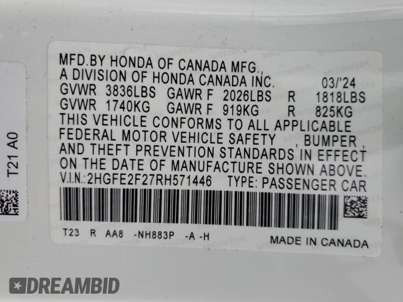 2024 Honda Civic LX z VIN 2HGFE2F27RH571446, wystawiony jako Copart lot #55157415 z przebiegiem 22 687 mil mil oraz Szkoda całkowita • Salvage title. Historia ofert i sprzedaży dostępna na DreamBid. Obrazek 13.