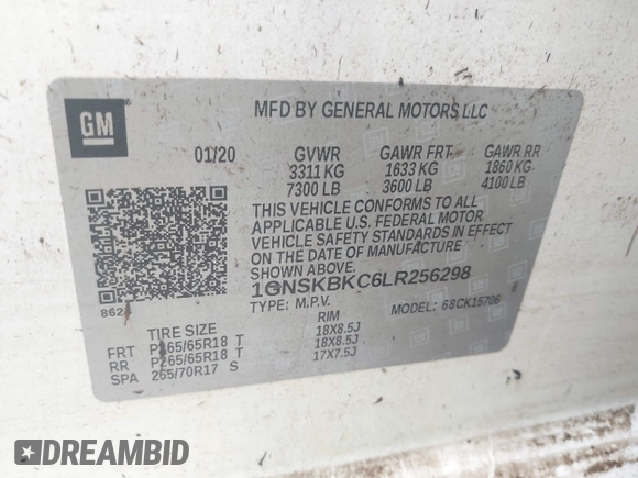 2020 Chevrolet Tahoe LT with VIN 1GNSKBKC6LR256298, listed as a IAAI auction lot 39807928 with Not provided miles and . Bid and sale history available at DreamBid. Image 9.